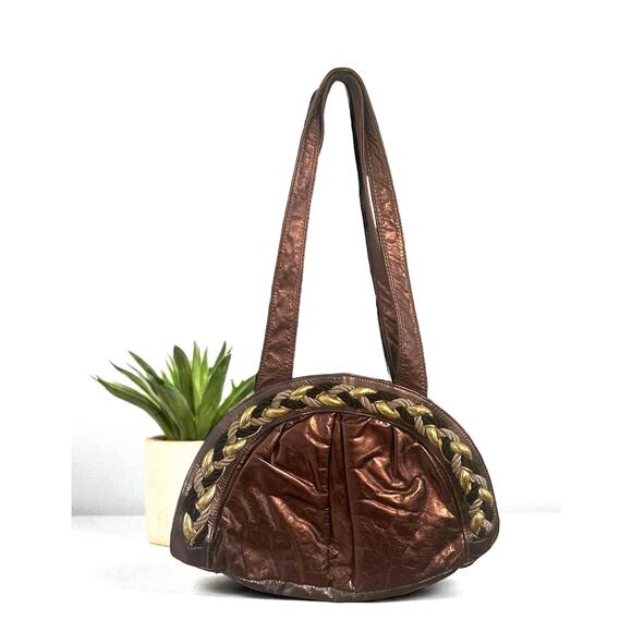 Vintage Genuine Leather Braided Shoulder Bag Metallic Bronze Brown Made in USA - Picture 1 of 6